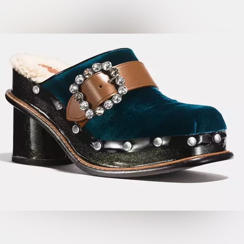 Coach Navy Velvet and Chestnut Leather Shearling Clog Mules with Crystal Buckle - Picture 2 of 11